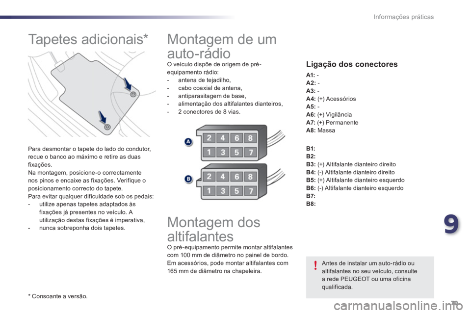 PEUGEOT 107 2012  Manual de utilização (in Portuguese) 9
79 Informações práticas
  Montagem de um 
auto-rádio 
O veículo dispõe de origem de pré-
equipamento rádio: 
-   antena de tejadilho,
-  cabo coaxial de antena,
-  antiparasita
gem de base, 