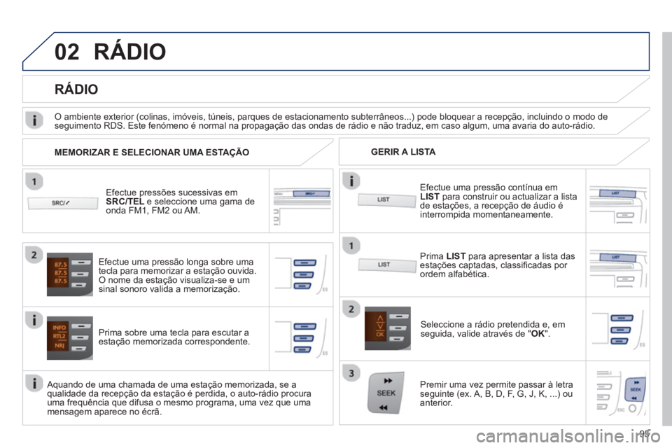 PEUGEOT 107 2012 Manual de utilização (in Portuguese) 02
95
RÁDIO
Efectue pressões sucessivas emSRC/TEL e seleccione uma gama de
onda FM1, FM2 ou AM.
Prima sobre uma tecla para escutar aestação memorizada correspondente.
Seleccione a rádi PEUGEOT 107 2012 Manual de utilização (in Portuguese) 02
95
RÁDIO
Efectue pressões sucessivas emSRC/TEL e seleccione uma gama de
onda FM1, FM2 ou AM.
Prima sobre uma tecla para escutar aestação memorizada correspondente.
Seleccione a rádi
