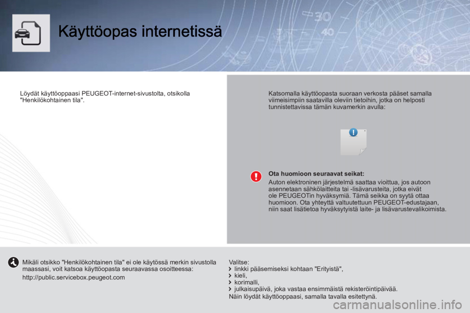 PEUGEOT 107 2012  Omistajan Käsikirja (in Finnish)    
Löydät käyttöoppaasi PEUGEOT-internet-sivustolta, otsikolla 
"Henkilökohtainen tila".  
 
    
Katsomalla käyttöopasta suoraan verkosta pääset samalla 
viimeisimpiin saatavilla oleviin ti