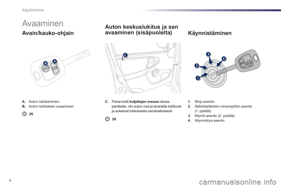 PEUGEOT 107 2012  Omistajan Käsikirja (in Finnish) Käyttöönotto
4
  Avaaminen 
C.Paina/vedä kuljettajan ovessa 
 olevaapainiketta, niin auton ovet ja tavaratila lukittuvat ja aukeavat lukituksesta samanaikaisesti.
1. 
 Stop-asento 2.Sähkölaittei