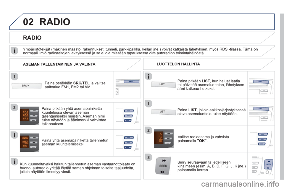 PEUGEOT 107 2012 Omistajan Käsikirja (in Finnish) 02
95
RADIO
Paina peräkkäin SRC/TEL ja valitse
aaltoalue FM1, FM2 tai AM.
Paina yhtä asemapainiketta tallennetun aseman kuuntelemiseksi.
Valitse radioasema
ja vahvistapainamalla "OK".
PEUGEOT 107 2012 Omistajan Käsikirja (in Finnish) 02
95
RADIO
Paina peräkkäin SRC/TEL ja valitse
aaltoalue FM1, FM2 tai AM.
Paina yhtä asemapainiketta tallennetun aseman kuuntelemiseksi.
Valitse radioasema
ja vahvistapainamalla "OK".