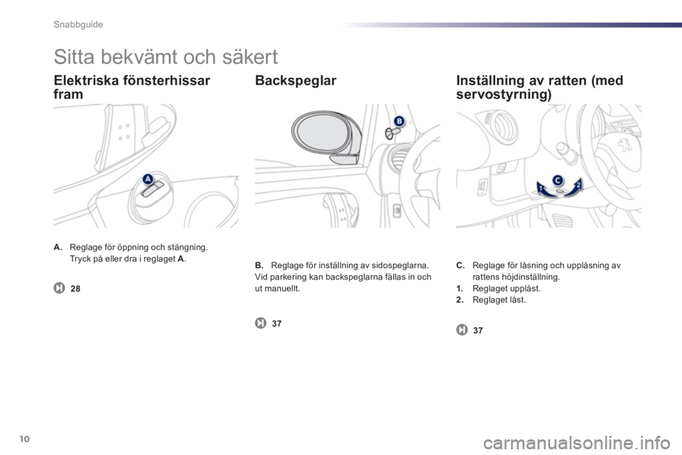PEUGEOT 107 2012 Bruksanvisningar (in Swedish) Snabbguide
10
A. Reglage för öppning och stängning.
Tryck på eller dra i reglaget A.
B.
Reglage för inställning av sidospeglarna.
Vid parkering kan backspeglarna fällas in och ut PEUGEOT 107 2012 Bruksanvisningar (in Swedish) Snabbguide
10
A. Reglage för öppning och stängning.
Tryck på eller dra i reglaget A.
B.
Reglage för inställning av sidospeglarna.
Vid parkering kan backspeglarna fällas in och ut