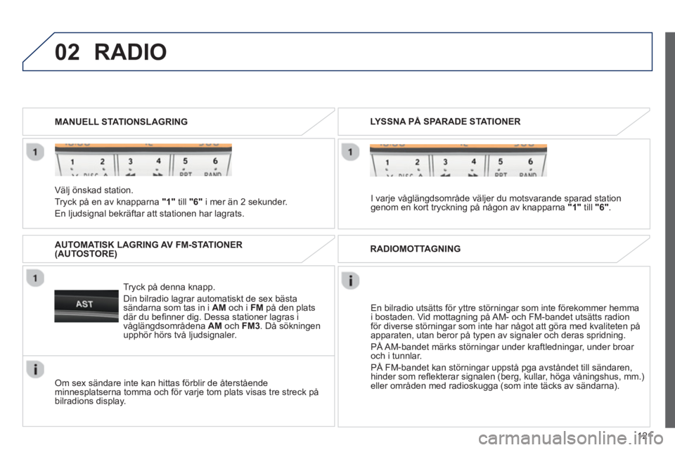 PEUGEOT 107 2012 Bruksanvisningar (in Swedish) 02
121
Välj önskad station.
Tryck på en av knapparna "1"till
"6"
i mer än 2 sekunder.
En l
judsignal bekräftar att stationen har lagrats. MANUELL STATIONSLAGRING
Tr
yck på denn PEUGEOT 107 2012 Bruksanvisningar (in Swedish) 02
121
Välj önskad station.
Tryck på en av knapparna "1"till
"6"
i mer än 2 sekunder.
En l
judsignal bekräftar att stationen har lagrats. MANUELL STATIONSLAGRING
Tr
yck på denn
