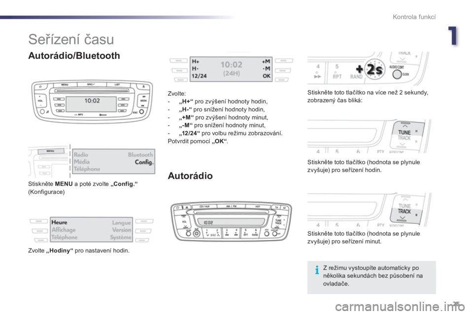 PEUGEOT 107 2012  Návod na použití (in Czech) 1
Kontrola funkcí
25
  Seřízení času 
Autorádio
 
 
Stiskněte toto tlačítko na více než 2 sekundy, 
zobrazený čas bliká:  
   
Stiskněte toto tlačítko 
(hodnota se plynule 
zvyšuje) 