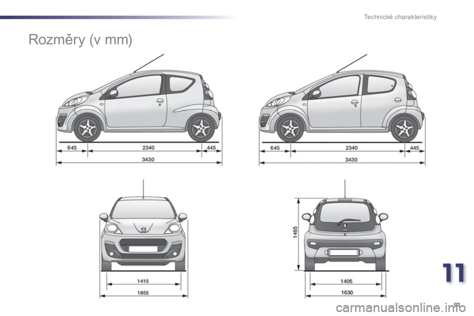 PEUGEOT 107 2012  Návod na použití (in Czech) 11
91 Technické charakteristiky
   
 
 
 
 
Rozměry (v mm)  