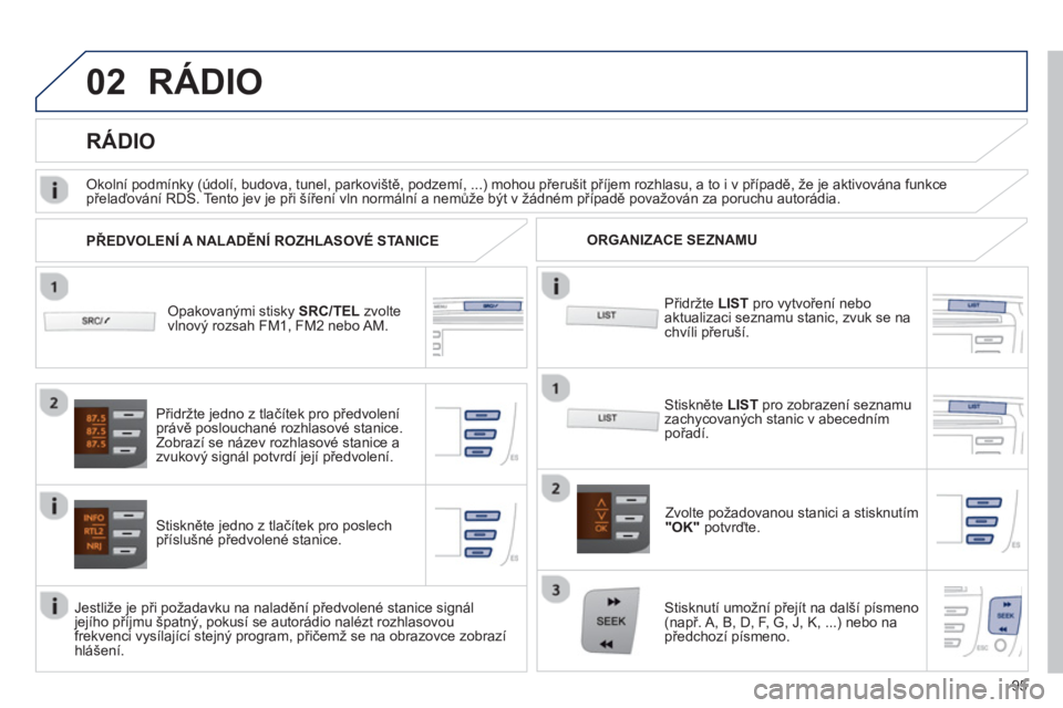 PEUGEOT 107 2012  Návod na použití (in Czech) 02
95
RÁDIO 
   Opakovanými stisky SRC/TEL zvoltevlnový rozsah FM1, FM2 nebo AM.  
Stiskněte jedno z tlačítek pro poslech 
příslušné předvolené stanice.   
Zvolte požadovanou stanici a st