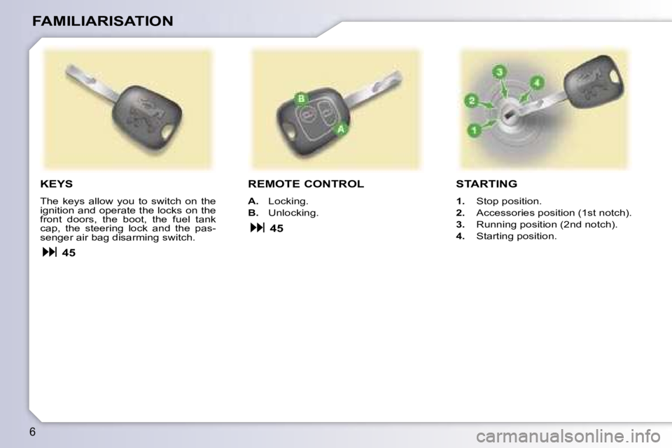 PEUGEOT 107 2006.5  Owners Manual �6
�F�A�M�I�L�I�A�R�I�S�A�T�I�O�N
�K�E�Y�S
�T�h�e�  �k�e�y�s�  �a�l�l�o�w�  �y�o�u�  �t�o�  �s�w�i�t�c�h�  �o�n�  �t�h�e�  
�i�g�n�i�t�i�o�n� �a�n�d� �o�p�e�r�a�t�e� �t�h�e� �l�o�c�k�s� �o�n� �t�h�e� 