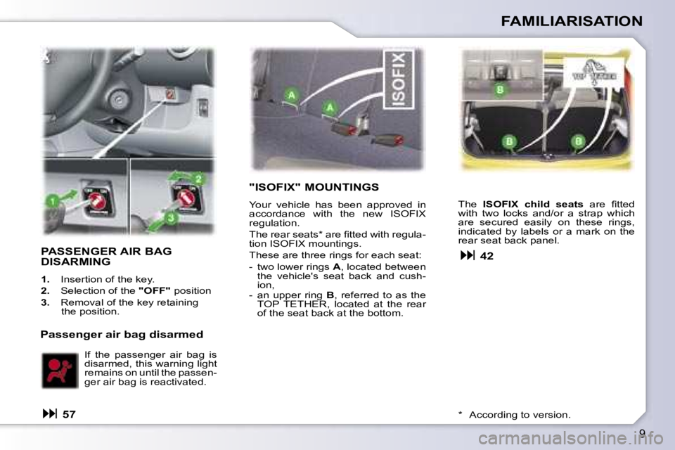 PEUGEOT 107 2006.5  Owners Manual �9
�F�A�M�I�L�I�A�R�I�S�A�T�I�O�N
�P�A�S�S�E�N�G�E�R� �A�I�R� �B�A�G�  
�D�I�S�A�R�M�I�N�G
�1�.�  �I�n�s�e�r�t�i�o�n� �o�f� �t�h�e� �k�e�y�.
�2�. �  �S�e�l�e�c�t�i�o�n� �o�f� �t�h�e�  �"�O�F�F�