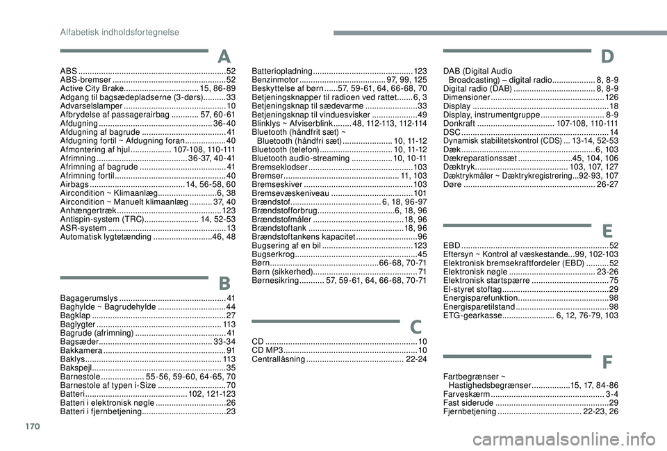 PEUGEOT 108 2018  Brugsanvisning (in Danish) 170
ABS .................................................................52
ABS-bremser  .................................................. 52
Active City Brake
 
...............................
 ..15