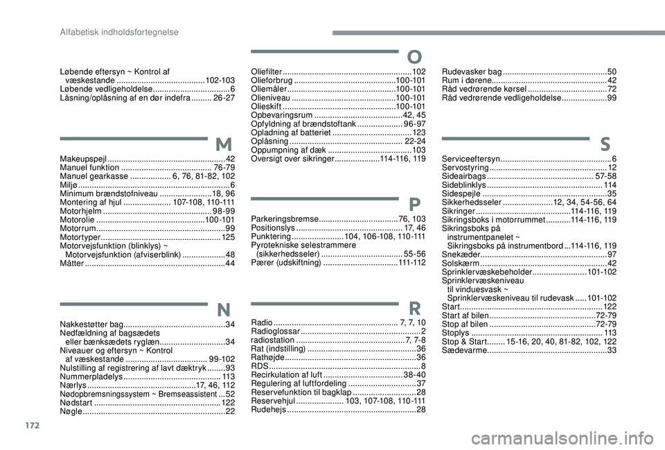 PEUGEOT 108 2018  Brugsanvisning (in Danish) 172
Løbende eftersyn ~ Kontrol af væskestande  ....................................... 102-103
Løbende vedligeholdelse
 

..................................6
Låsning/oplåsning af en dør indefra
