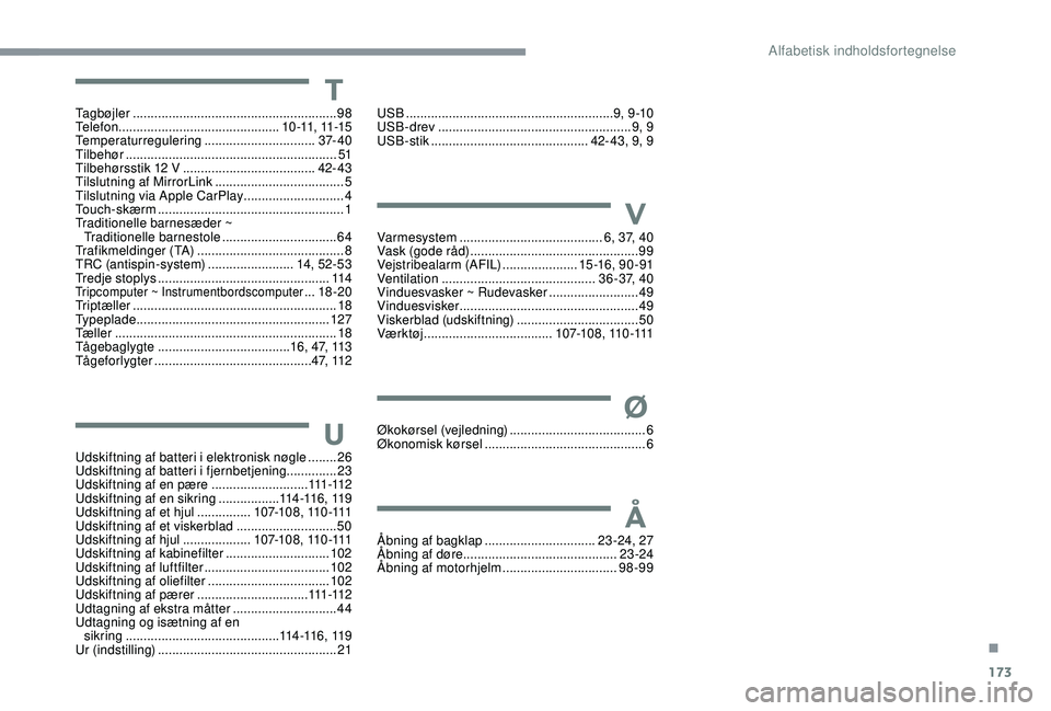 PEUGEOT 108 2018  Brugsanvisning (in Danish) 173
Tagbøjler ......................................................... 98
Telefon  ............................................. 1 0 -11,  11 -15
Temperaturregulering
 

............................