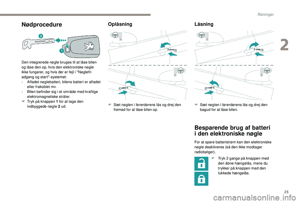 PEUGEOT 108 2018  Brugsanvisning (in Danish) 25
Nødprocedure
Den integrerede nøgle bruges til at låse bilen 
og låse den op, hvis den elektroniske nøgle 
ikke fungerer, og hvis der er fejl i "Nøglefri 
adgang og start"-systemet:
- 