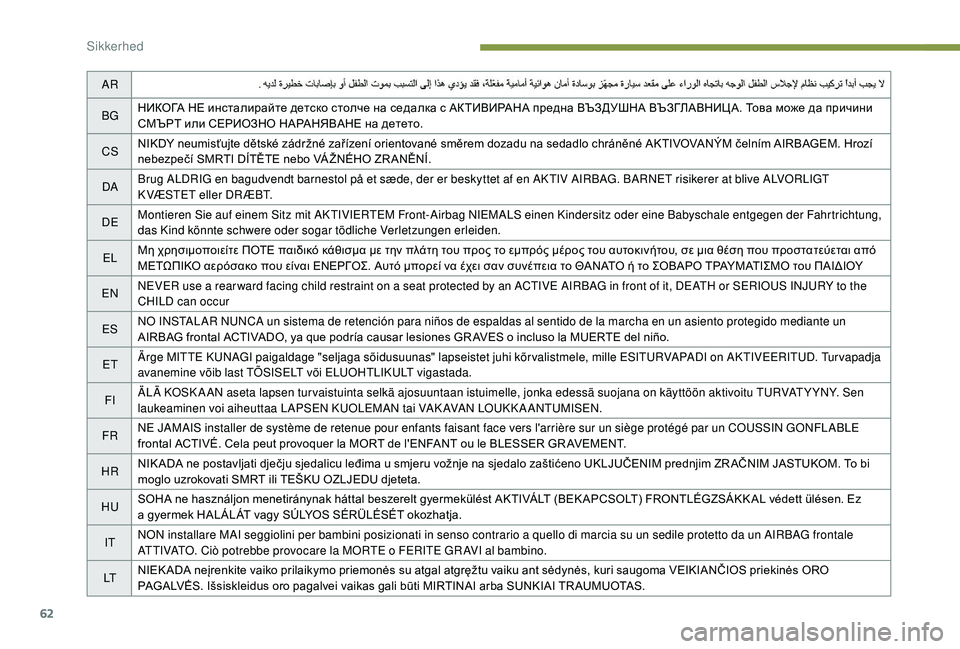 PEUGEOT 108 2018  Brugsanvisning (in Danish) 62
AR
BG НИКОГА
	 НЕ 	 инсталирайте 	 детско 	 столче 	 на 	 седалка 	 с 	 АКТИВИРАНА 	 предна 	 ВЪЗДУШНА 	 ВЪЗГЛАВНИЦА. 	 