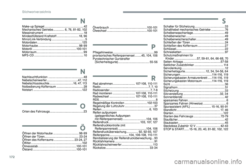 PEUGEOT 108 2018  Betriebsanleitungen (in German) 172
Make-up Spiegel ................................................. 42
Mechanisches Getriebe .............. 6
, 76, 81- 82, 102
Messinstrument
 

.................................................. 1