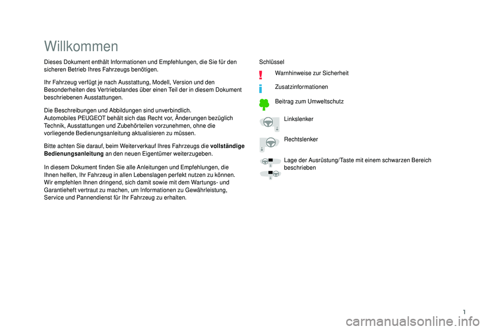 PEUGEOT 108 2018  Betriebsanleitungen (in German) 1
Willkommen
Die Beschreibungen und Abbildungen sind unverbindlich.
Automobiles PEUGEOT behält sich das Recht vor, Änderungen bezüglich 
Technik, Ausstattungen und Zubehörteilen vorzunehmen, ohne 