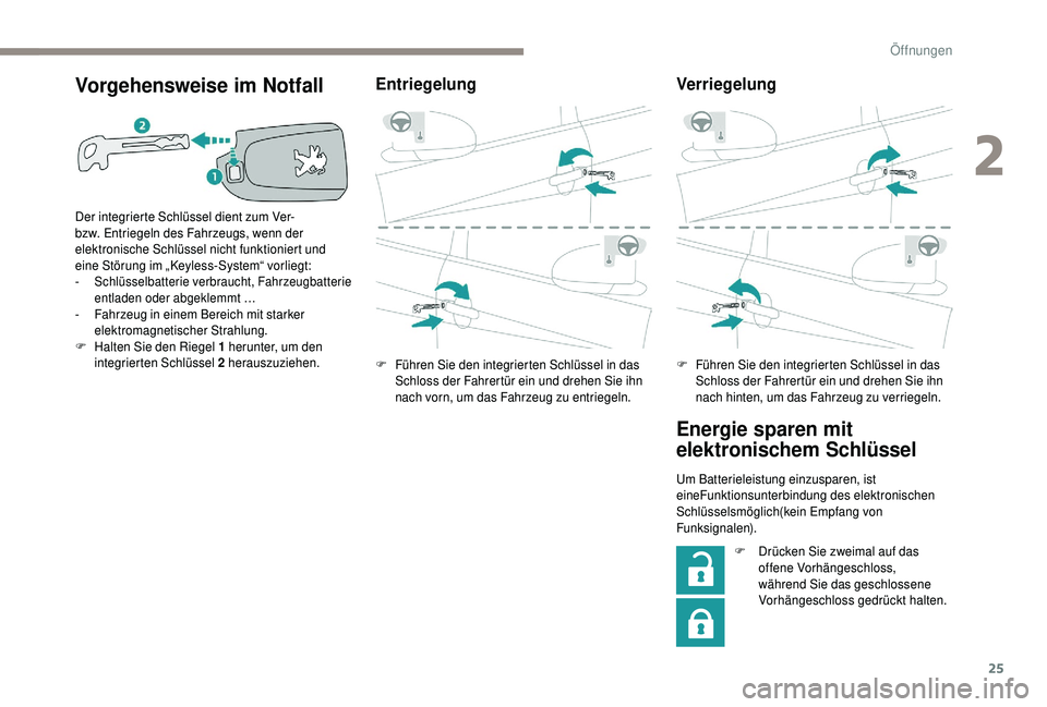 PEUGEOT 108 2018  Betriebsanleitungen (in German) 25
Vorgehensweise im Notfall
Der integrierte Schlüssel dient zum Ver- 
bzw. Entriegeln des Fahrzeugs, wenn der 
elektronische Schlüssel nicht funktioniert und 
eine Störung im „Keyless-System“ 