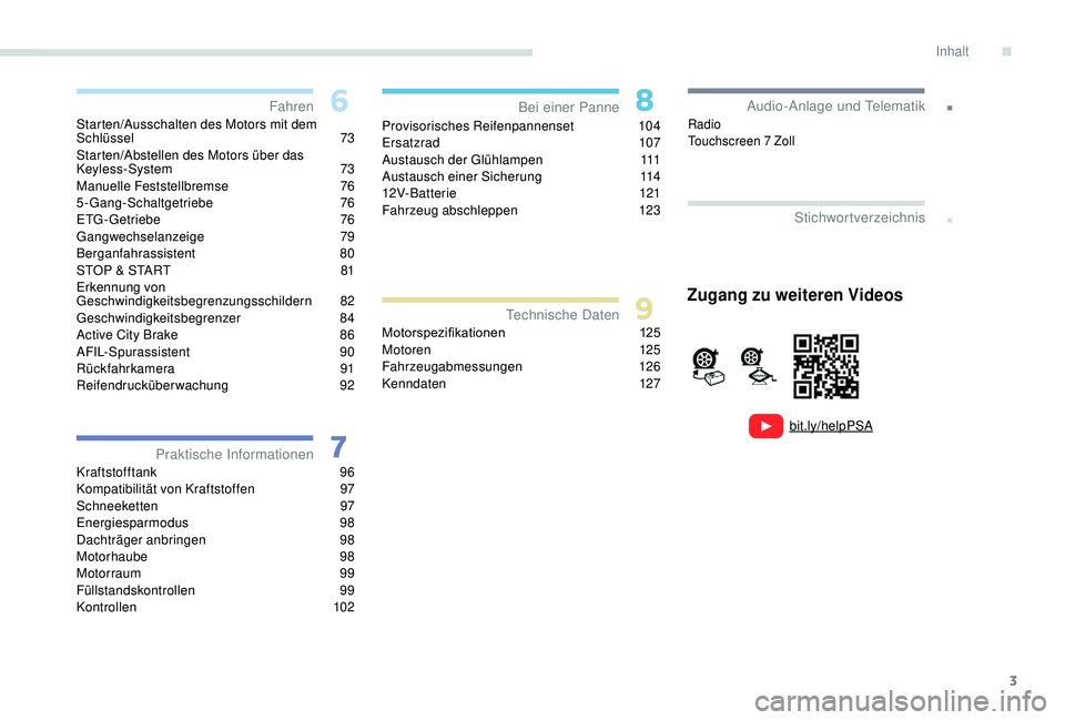 PEUGEOT 108 2018  Betriebsanleitungen (in German) 3
.
bit.ly/helpPSA
.
Starten/Ausschalten des Motors mit dem 
Schlüssel 7 3
Starten/Abstellen des Motors über das 
Keyless-System
 

73
Manuelle Feststellbremse
 7

6
5-Gang-Schaltgetriebe
 

76
ETG-