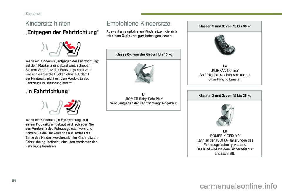 PEUGEOT 108 2018 Betriebsanleitungen (in German) 64
Kindersitz hinten
„Entgegen der Fahrtrichtung “
Wenn ein Kindersitz „entgegen der Fahrtrichtung“
auf dem Rücksitz eingebaut wird, schieben
Sie den Vordersitz des Fahrzeugs nach vorn
und PEUGEOT 108 2018 Betriebsanleitungen (in German) 64
Kindersitz hinten
„Entgegen der Fahrtrichtung “
Wenn ein Kindersitz „entgegen der Fahrtrichtung“
auf dem Rücksitz eingebaut wird, schieben
Sie den Vordersitz des Fahrzeugs nach vorn
und
