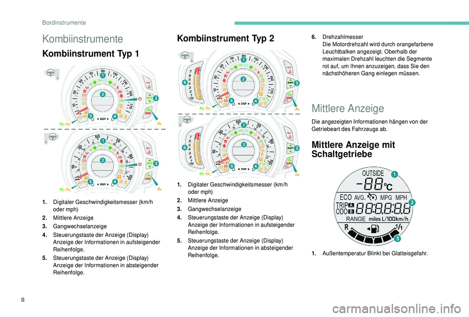 PEUGEOT 108 2018 Betriebsanleitungen (in German) 8
Kombiinstrumente
Kombiinstrument Typ 1
1.Digitaler Geschwindigkeitsmesser (km/h
oder mph)
2. Mittlere Anzeige
3. Gangwechselanzeige
4. Steuerungstaste der Anzeige (Display)
Anzeige der Informatione PEUGEOT 108 2018 Betriebsanleitungen (in German) 8
Kombiinstrumente
Kombiinstrument Typ 1
1.Digitaler Geschwindigkeitsmesser (km/h
oder mph)
2. Mittlere Anzeige
3. Gangwechselanzeige
4. Steuerungstaste der Anzeige (Display)
Anzeige der Informatione