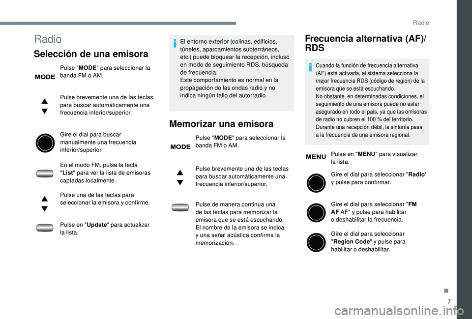 PEUGEOT 108 2018 Manual del propietario (in Spanish) 7
Radio
Selección de una emisora
Pulse "MODE" para seleccionar la
banda FM o AM.
Pulse brevemente una de las teclas
para buscar automáticamente una
frecuencia inferior/superior.
Gire el PEUGEOT 108 2018 Manual del propietario (in Spanish) 7
Radio
Selección de una emisora
Pulse "MODE" para seleccionar la
banda FM o AM.
Pulse brevemente una de las teclas
para buscar automáticamente una
frecuencia inferior/superior.
Gire el