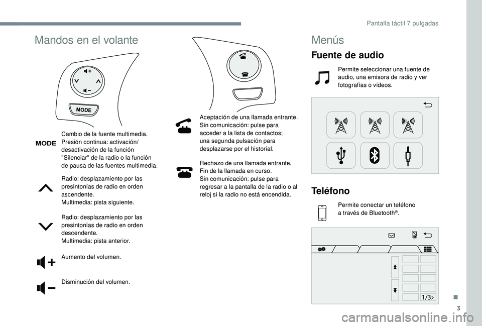 PEUGEOT 108 2018 Manual del propietario (in Spanish) 3
Mandos en el volante
Radio: desplazamiento por las
presintonías de radio en orden
ascendente.
Multimedia: pista siguiente.
Radio: desplazamiento por las
presintonías de radio en orden
descende PEUGEOT 108 2018 Manual del propietario (in Spanish) 3
Mandos en el volante
Radio: desplazamiento por las
presintonías de radio en orden
ascendente.
Multimedia: pista siguiente.
Radio: desplazamiento por las
presintonías de radio en orden
descende
