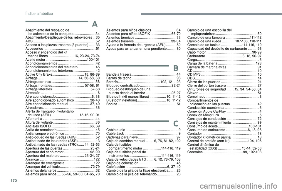 PEUGEOT 108 2018 Manual del propietario (in Spanish) 170
Abatimiento del respaldo de los asientos o de la banqueta....................... 34
Abatimiento/Despliegue de los retrovisores ...35
A
BS ........
............................................... PEUGEOT 108 2018 Manual del propietario (in Spanish) 170
Abatimiento del respaldo de los asientos o de la banqueta....................... 34
Abatimiento/Despliegue de los retrovisores ...35
A
BS ........
...............................................