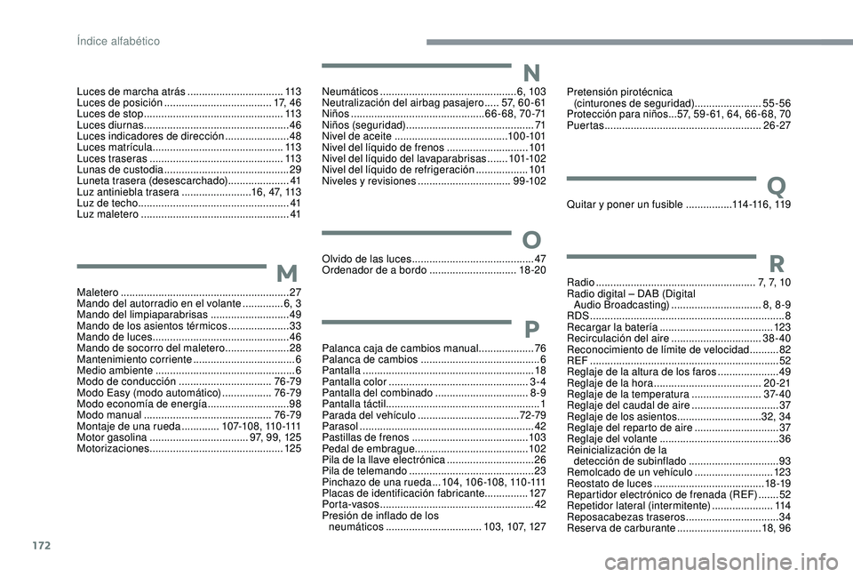 PEUGEOT 108 2018 Manual del propietario (in Spanish) 172
Luces de marcha atrás .................................11 3
Luces de posición ..................................... 17, 4 6
Luces de stop
................................................ 11 PEUGEOT 108 2018 Manual del propietario (in Spanish) 172
Luces de marcha atrás .................................11 3
Luces de posición ..................................... 17, 4 6
Luces de stop
................................................ 11