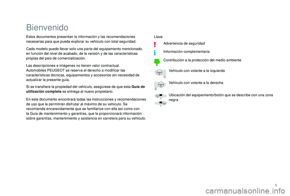 PEUGEOT 108 2018  Manual del propietario (in Spanish) 1
Bienvenido
Las descripciones e imágenes no tienen valor contractual.
Automobiles PEUGEOT se reser va el derecho a  modificar las 
características técnicas, equipamientos y
  accesorios sin necesi