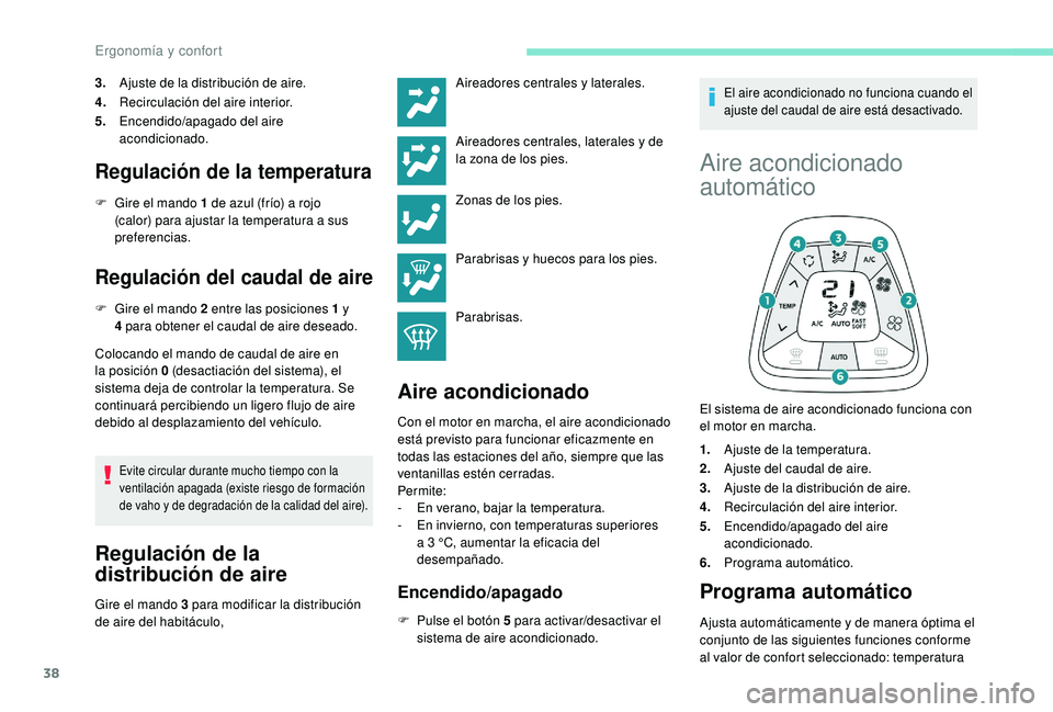 PEUGEOT 108 2018 Manual del propietario (in Spanish) 38
3.Ajuste de la distribución de aire.
4. Recirculación del aire interior.
5. Encendido/apagado del aire
acondicionado.
Regulación de la temperatura
F Gire el mando 1 de azul (frío) a rojo
(c PEUGEOT 108 2018 Manual del propietario (in Spanish) 38
3.Ajuste de la distribución de aire.
4. Recirculación del aire interior.
5. Encendido/apagado del aire
acondicionado.
Regulación de la temperatura
F Gire el mando 1 de azul (frío) a rojo
(c