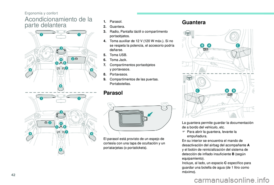 PEUGEOT 108 2018 Manual del propietario (in Spanish) 42
Acondicionamiento de la
parte delantera1.Parasol.
2. Guantera.
3. Radio, Pantalla táctil o
compartimento
portaobjetos.
4. Toma auxiliar de 12
V (120 W máx.). Si no
se respeta la potenci PEUGEOT 108 2018 Manual del propietario (in Spanish) 42
Acondicionamiento de la
parte delantera1.Parasol.
2. Guantera.
3. Radio, Pantalla táctil o
compartimento
portaobjetos.
4. Toma auxiliar de 12
V (120 W máx.). Si no
se respeta la potenci