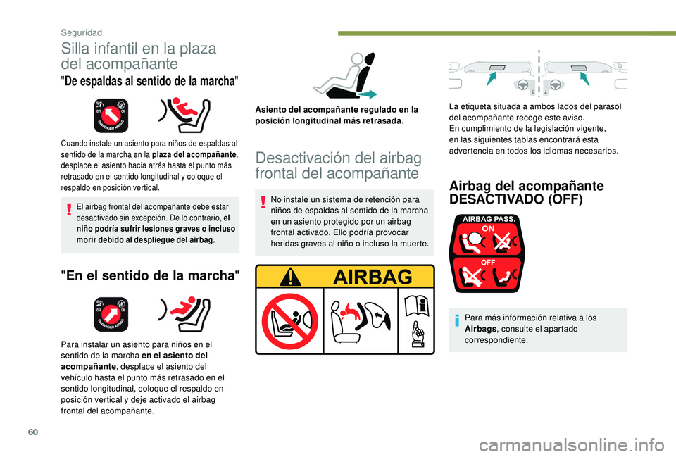PEUGEOT 108 2018 Manual del propietario (in Spanish) 60
Silla infantil en la plaza
del acompañante
"De espaldas al sentido de la marcha "
Cuando instale un asiento para niños de espaldas al
sentido de la marcha en la plaza del acompañante , PEUGEOT 108 2018 Manual del propietario (in Spanish) 60
Silla infantil en la plaza
del acompañante
"De espaldas al sentido de la marcha "
Cuando instale un asiento para niños de espaldas al
sentido de la marcha en la plaza del acompañante ,