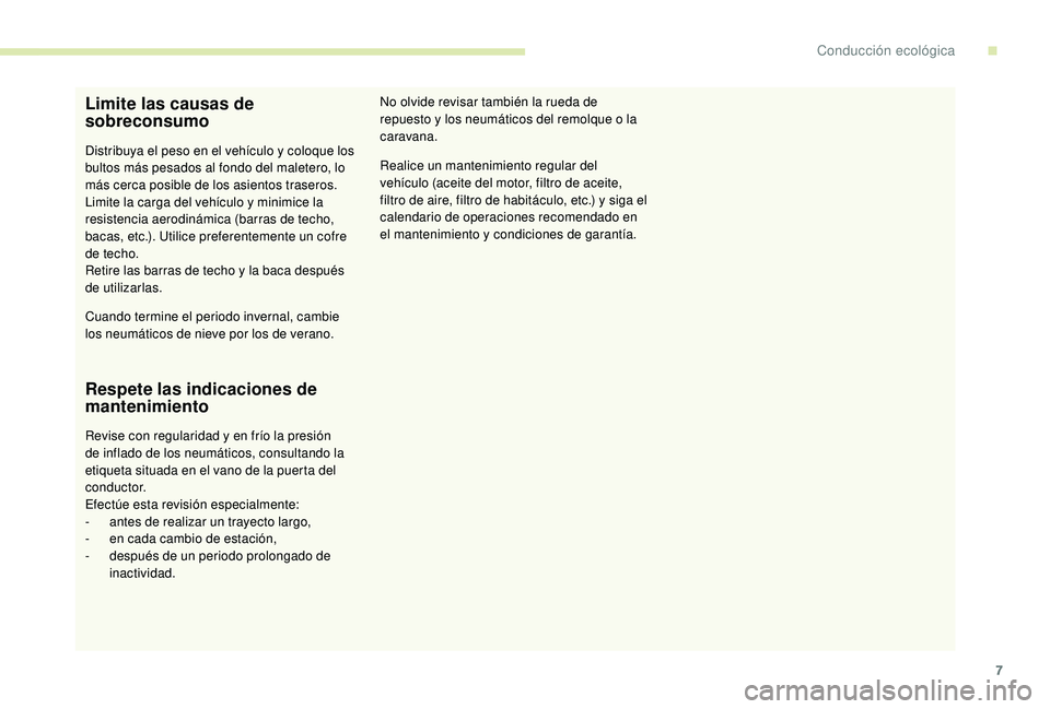 PEUGEOT 108 2018 Manual del propietario (in Spanish) 7
Limite las causas de
sobreconsumo
Distribuya el peso en el vehículo y coloque los
b ultos más pesados al fondo del maletero, lo
más cerca posible de los asientos traseros.
Limite la carga del PEUGEOT 108 2018 Manual del propietario (in Spanish) 7
Limite las causas de
sobreconsumo
Distribuya el peso en el vehículo y coloque los
b ultos más pesados al fondo del maletero, lo
más cerca posible de los asientos traseros.
Limite la carga del