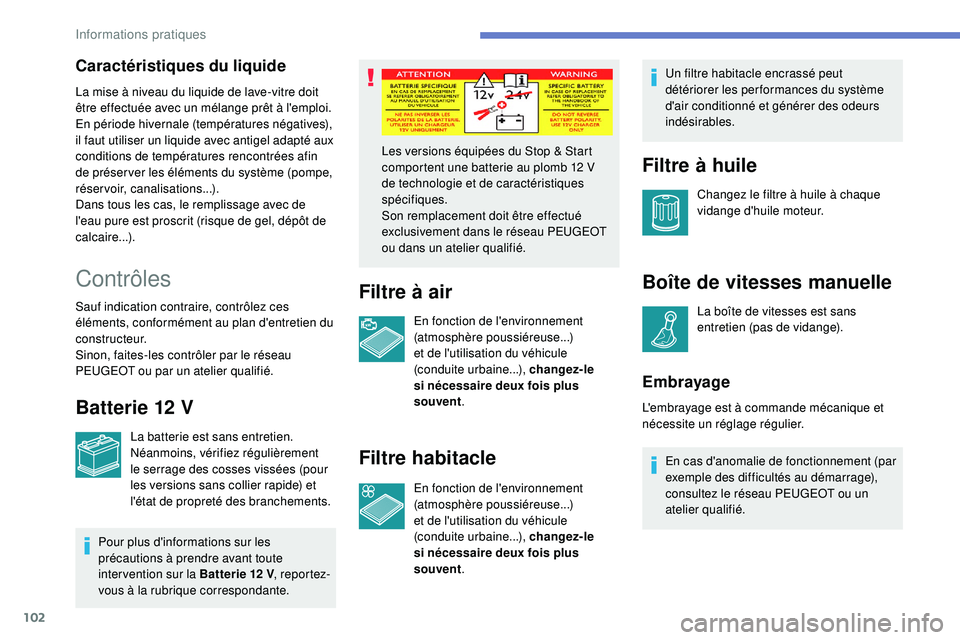 PEUGEOT 108 2018 Manuel du propriétaire (in French) 102
Contrôles
Sauf indication contraire, contrôlez ces
éléments, conformément au plan d'entretien du
constructeur.
Sinon, faites-les contrôler par le réseau
PEUGEOT ou par un atelier qua PEUGEOT 108 2018 Manuel du propriétaire (in French) 102
Contrôles
Sauf indication contraire, contrôlez ces
éléments, conformément au plan d'entretien du
constructeur.
Sinon, faites-les contrôler par le réseau
PEUGEOT ou par un atelier qua