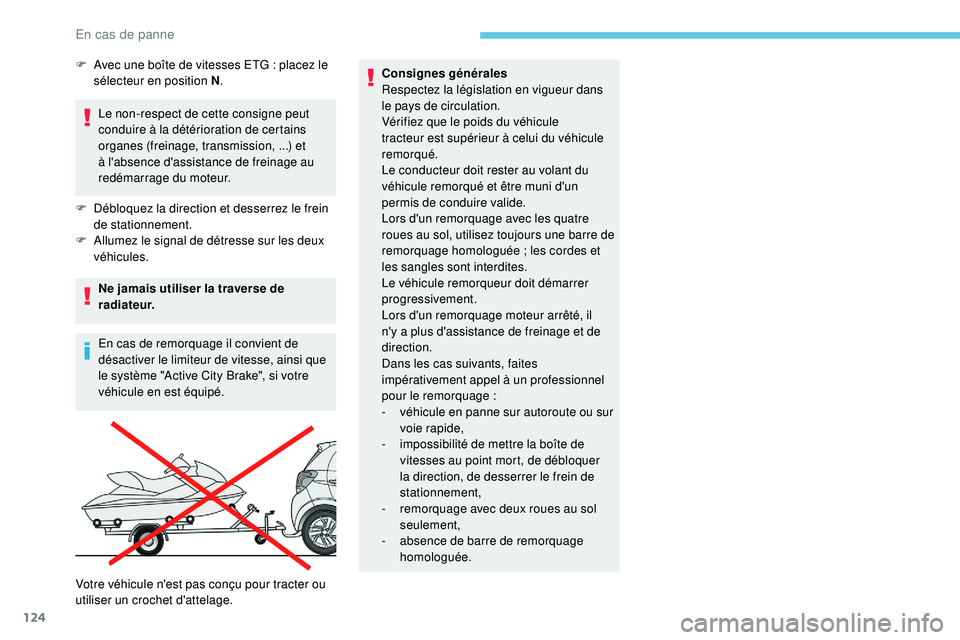 PEUGEOT 108 2018 Manuel du propriétaire (in French) 124
Le non-respect de cette consigne peut
conduire à la détérioration de certains
organes (freinage, transmission,
...) et
à l'absence d'assistance de freinage au
redémarrage du mot PEUGEOT 108 2018 Manuel du propriétaire (in French) 124
Le non-respect de cette consigne peut
conduire à la détérioration de certains
organes (freinage, transmission,
...) et
à l'absence d'assistance de freinage au
redémarrage du mot
