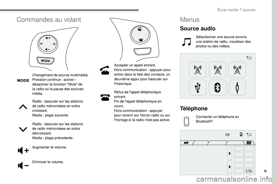 PEUGEOT 108 2018  Manuel du propriétaire (in French) 3
Commandes au volant
Radio : basculer sur les stations 
d e radio mémorisées en ordre 
croissant.
Media
  : plage suivante.
Radio
  : basculer sur les stations 
de radio mémorisées en ordre 
déc