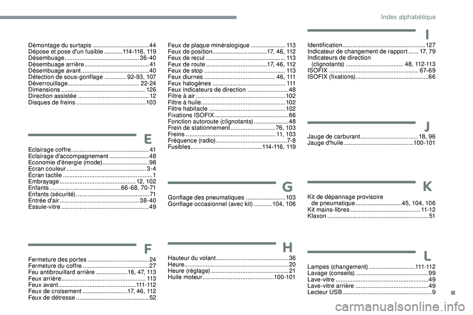PEUGEOT 108 2018 Manuel du propriétaire (in French) L
Lampes (changement) ............................111 -112
Lavage (conseils) ............................................ 99
Lave-vitre
........................................................ 49
PEUGEOT 108 2018 Manuel du propriétaire (in French) L
Lampes (changement) ............................111 -112
Lavage (conseils) ............................................ 99
Lave-vitre
........................................................ 49
