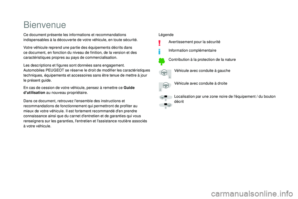 PEUGEOT 108 2018  Manuel du propriétaire (in French) 1
Bienvenue
Les descriptions et figures sont données sans engagement.
Automobiles PEUGEOT se réser ve le droit de modifier les caractéristiques 
techniques, équipements et accessoires sans être t