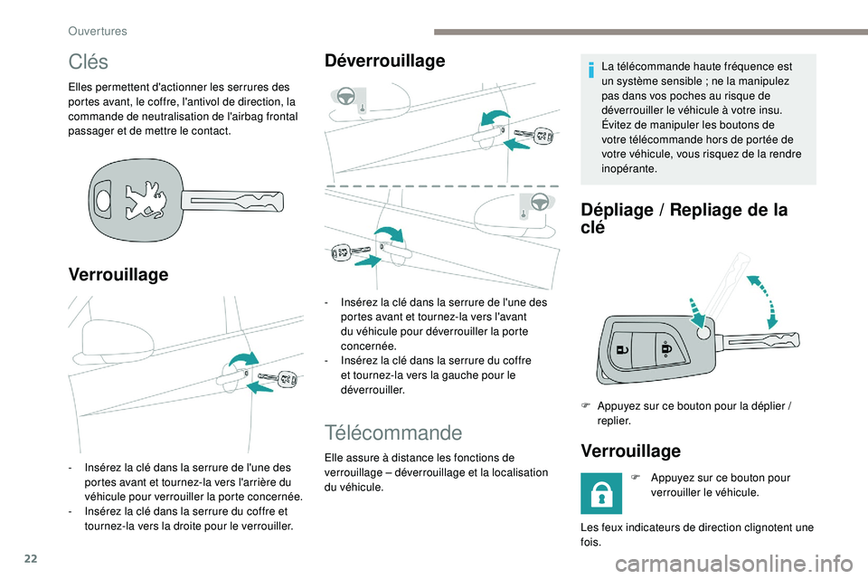 PEUGEOT 108 2018  Manuel du propriétaire (in French) 22
Clés
Elles permettent d'actionner les serrures des 
portes avant, le coffre, l'antivol de direction, la 
commande de neutralisation de l'airbag frontal 
passager et de mettre le contac