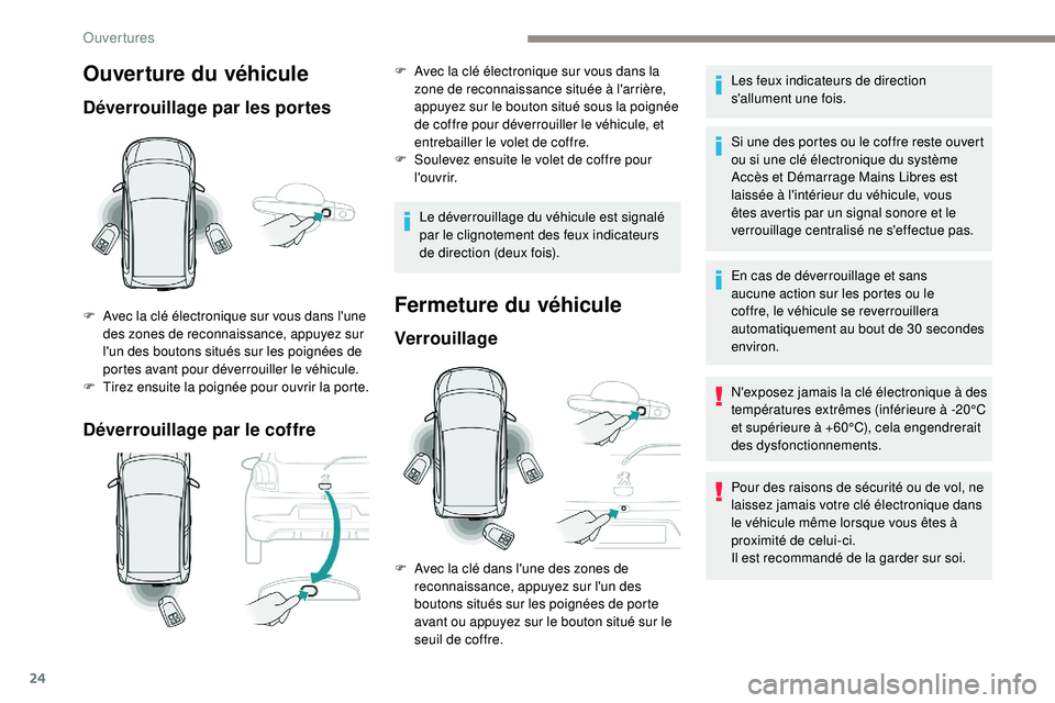 PEUGEOT 108 2018  Manuel du propriétaire (in French) 24
Ouverture du véhicule
Déverrouillage par les portes
Déverrouillage par le coffre
F Avec la clé électronique sur vous dans l'une des zones de reconnaissance, appuyez sur 
l'un des bouto