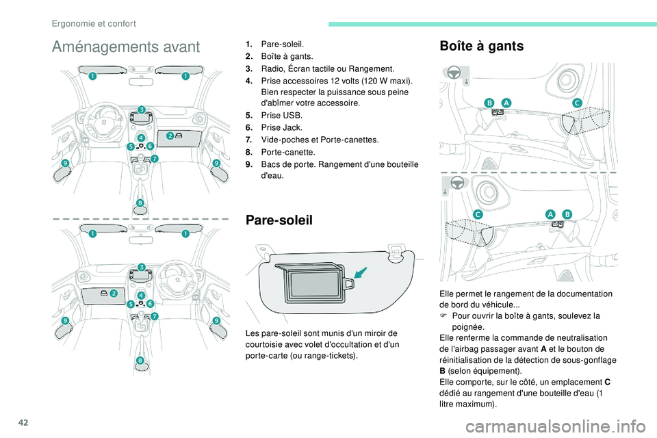 PEUGEOT 108 2018 Manuel du propriétaire (in French) 42
Aménagements avant1.Pare-soleil.
2. Boîte à gants.
3. Radio, Écran tactile ou Rangement.
4. Prise accessoires 12 volts (120 W maxi).
Bien respecter la puissance sous peine
d'abîmer votre PEUGEOT 108 2018 Manuel du propriétaire (in French) 42
Aménagements avant1.Pare-soleil.
2. Boîte à gants.
3. Radio, Écran tactile ou Rangement.
4. Prise accessoires 12 volts (120 W maxi).
Bien respecter la puissance sous peine
d'abîmer votre