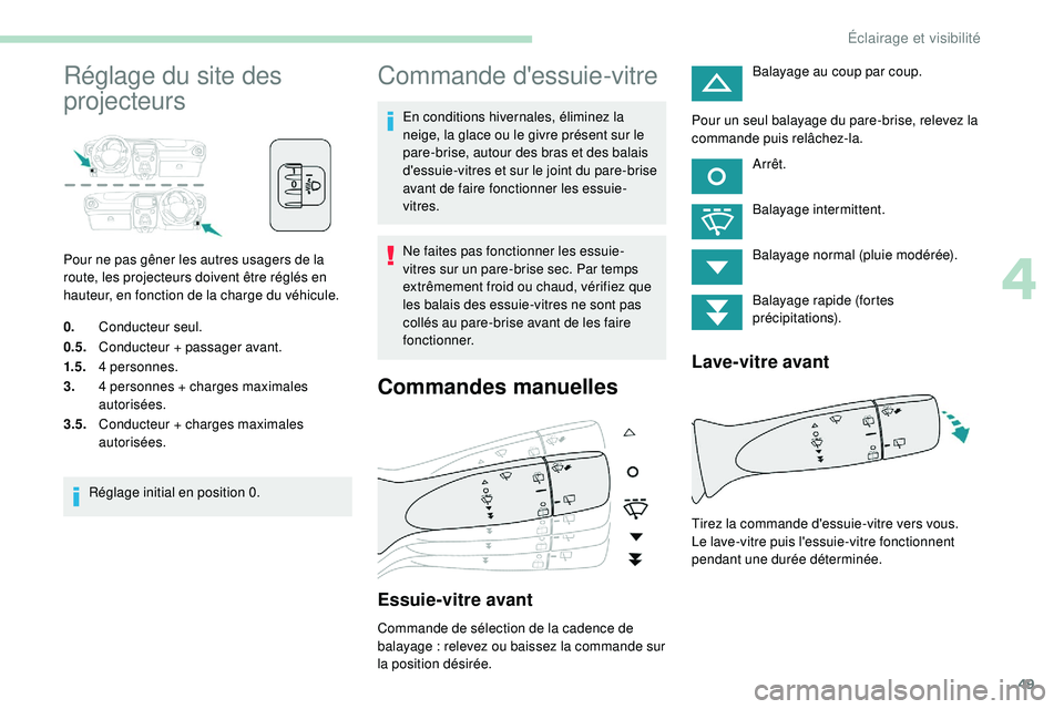 PEUGEOT 108 2018 Manuel du propriétaire (in French) 49
Réglage du site des
projecteurs
Pour ne pas gêner les autres usagers de la
route, les projecteurs doivent être réglés en
hauteur, en fonction de la charge du véhicule.
0.Conducteur seul.
0 PEUGEOT 108 2018 Manuel du propriétaire (in French) 49
Réglage du site des
projecteurs
Pour ne pas gêner les autres usagers de la
route, les projecteurs doivent être réglés en
hauteur, en fonction de la charge du véhicule.
0.Conducteur seul.
0