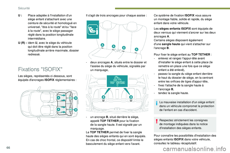PEUGEOT 108 2018 Manuel du propriétaire (in French) 66
U :Place adaptée à l'installation d'un
siège enfant s'attachant avec une
ceinture de sécurité et homologué en
universel, "dos à la route" et /ou "face
à la route PEUGEOT 108 2018 Manuel du propriétaire (in French) 66
U :Place adaptée à l'installation d'un
siège enfant s'attachant avec une
ceinture de sécurité et homologué en
universel, "dos à la route" et /ou "face
à la route