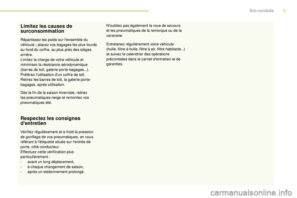 PEUGEOT 108 2018 Manuel du propriétaire (in French) 7
Limitez les causes de
surconsommation
Répartissez les poids sur l'ensemble du
véhicule ; placez vos bagages les plus lourds
au fond du coffre, au plus près des sièges
arrière.
Limitez PEUGEOT 108 2018 Manuel du propriétaire (in French) 7
Limitez les causes de
surconsommation
Répartissez les poids sur l'ensemble du
véhicule ; placez vos bagages les plus lourds
au fond du coffre, au plus près des sièges
arrière.
Limitez