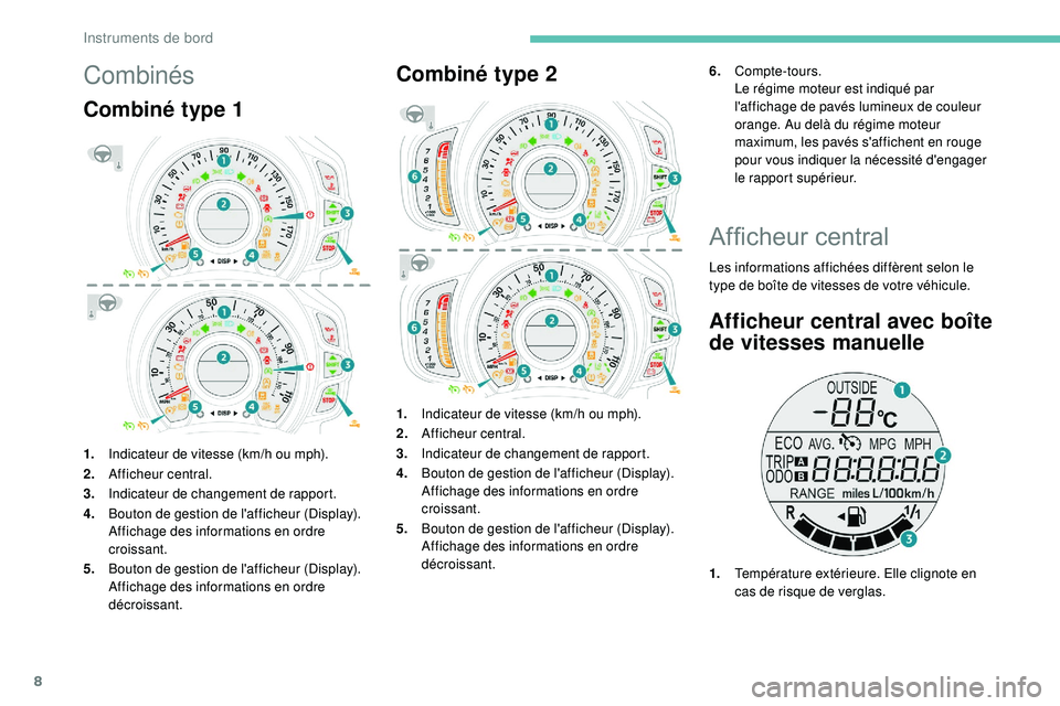 PEUGEOT 108 2018  Manuel du propriétaire (in French) 8
Combinés
Combiné type 1
1.Indicateur de vitesse (km/h ou mph).
2. Afficheur central.
3. Indicateur de changement de
  rapport.
4. Bouton de gestion de l'afficheur (Display).
Affichage des info