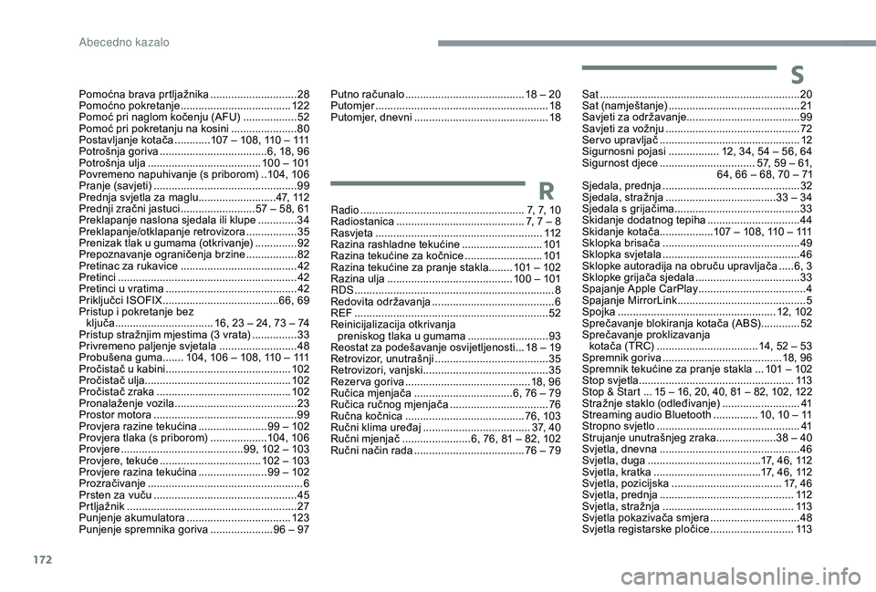 PEUGEOT 108 2018 Upute Za Rukovanje (in Croatian) 172
Pomoćna brava prtljažnika .............................28
P omoćno pokretanje ..................................... 12 2
Pomoć pri naglom kočenju (AFU)
..................52
Pomoć pri pok PEUGEOT 108 2018 Upute Za Rukovanje (in Croatian) 172
Pomoćna brava prtljažnika .............................28
P omoćno pokretanje ..................................... 12 2
Pomoć pri naglom kočenju (AFU)
..................52
Pomoć pri pok