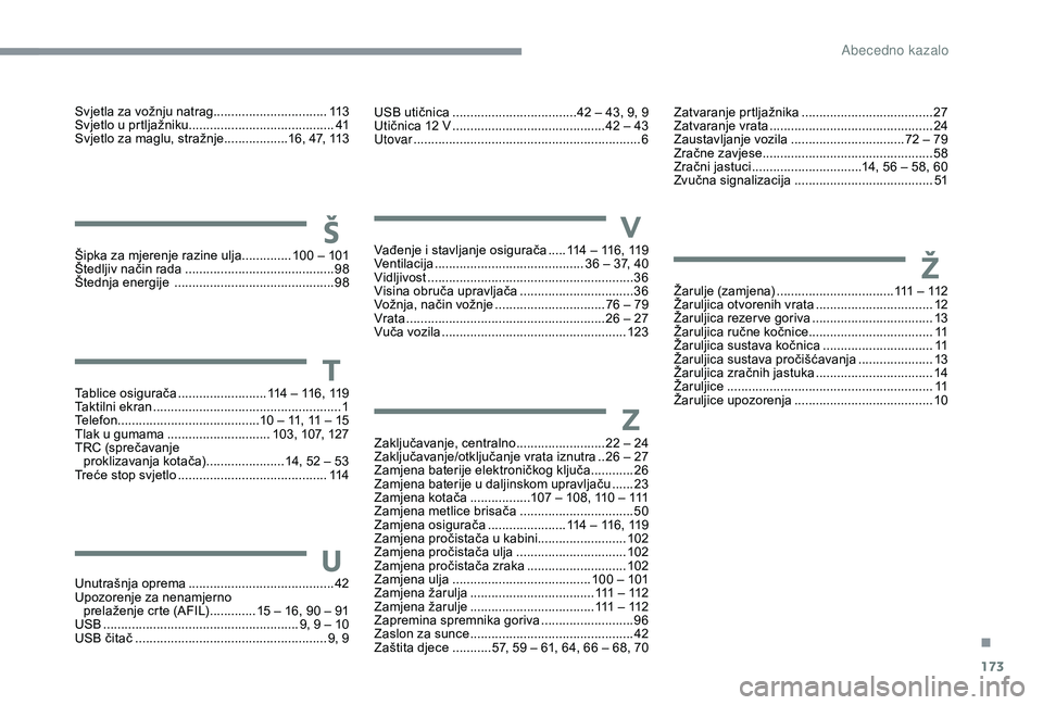 PEUGEOT 108 2018 Upute Za Rukovanje (in Croatian) 173
Svjetla za vožnju natrag................................113
Svjetlo u prtljažniku ......................................... 41
S
vjetlo za maglu, stražnje ..................16, 47, 113
Šipk PEUGEOT 108 2018 Upute Za Rukovanje (in Croatian) 173
Svjetla za vožnju natrag................................113
Svjetlo u prtljažniku ......................................... 41
S
vjetlo za maglu, stražnje ..................16, 47, 113
Šipk