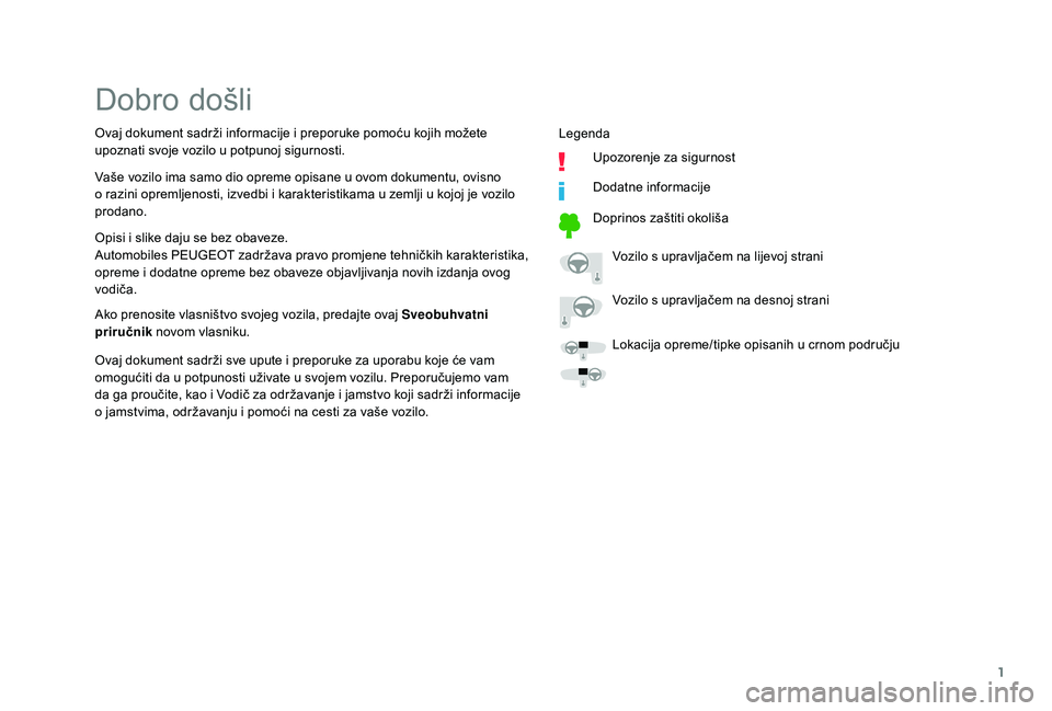 PEUGEOT 108 2018  Upute Za Rukovanje (in Croatian) 1
Dobro došli
Opisi i slike daju se bez obaveze.
A utomobiles PEUGEOT zadržava pravo promjene tehničkih karakteristika, 
opreme i
  dodatne opreme bez obaveze objavljivanja novih izdanja ovog 
vodi