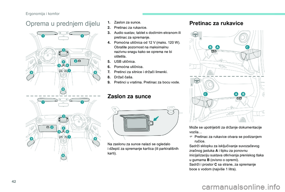 PEUGEOT 108 2018 Upute Za Rukovanje (in Croatian) 42
Oprema u prednjem dijelu1.Zaslon za sunce.
2. Pretinac za rukavice.
3. Audio sustav, tablet s
dodirnim ekranom ili
pretinac za spremanje.
4. Pomoćna utičnica od 12
V (maks. 120 W).
Obrati PEUGEOT 108 2018 Upute Za Rukovanje (in Croatian) 42
Oprema u prednjem dijelu1.Zaslon za sunce.
2. Pretinac za rukavice.
3. Audio sustav, tablet s
dodirnim ekranom ili
pretinac za spremanje.
4. Pomoćna utičnica od 12
V (maks. 120 W).
Obrati
