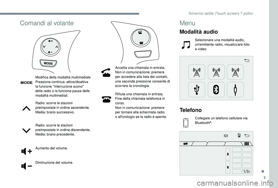 PEUGEOT 108 2018 Manuale duso (in Italian) 3
Comandi al volante
Radio: scorre le stazioni
preimpostate in ordine ascendente.
Media: brano successivo.
Radio: scorre le stazioni
preimpostate in ordine discendente.
Media: brano precedente.
Aume PEUGEOT 108 2018 Manuale duso (in Italian) 3
Comandi al volante
Radio: scorre le stazioni
preimpostate in ordine ascendente.
Media: brano successivo.
Radio: scorre le stazioni
preimpostate in ordine discendente.
Media: brano precedente.
Aume