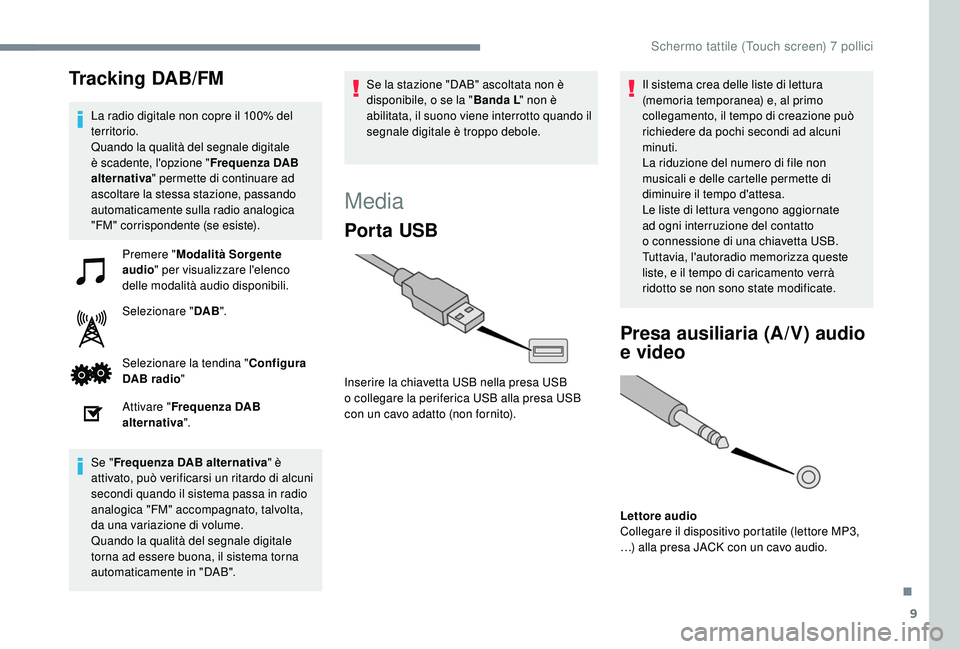 PEUGEOT 108 2018 Manuale duso (in Italian) 9
Tracking DAB/FM
La radio digitale non copre il 100% del
territorio.
Quando la qualità del segnale digitale
è scadente, l'opzione "Frequenza DAB
alternativa " permette di continuare PEUGEOT 108 2018 Manuale duso (in Italian) 9
Tracking DAB/FM
La radio digitale non copre il 100% del
territorio.
Quando la qualità del segnale digitale
è scadente, l'opzione "Frequenza DAB
alternativa " permette di continuare